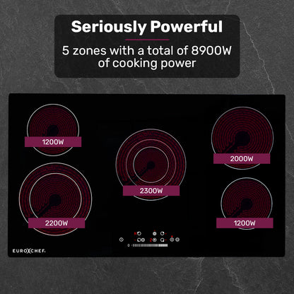 EuroChef 90cm 5 Zone Ceramic Cooktop, 8900W Electric, FlexiZone Adjustable Size Hobs, Touch Controls - Image 4