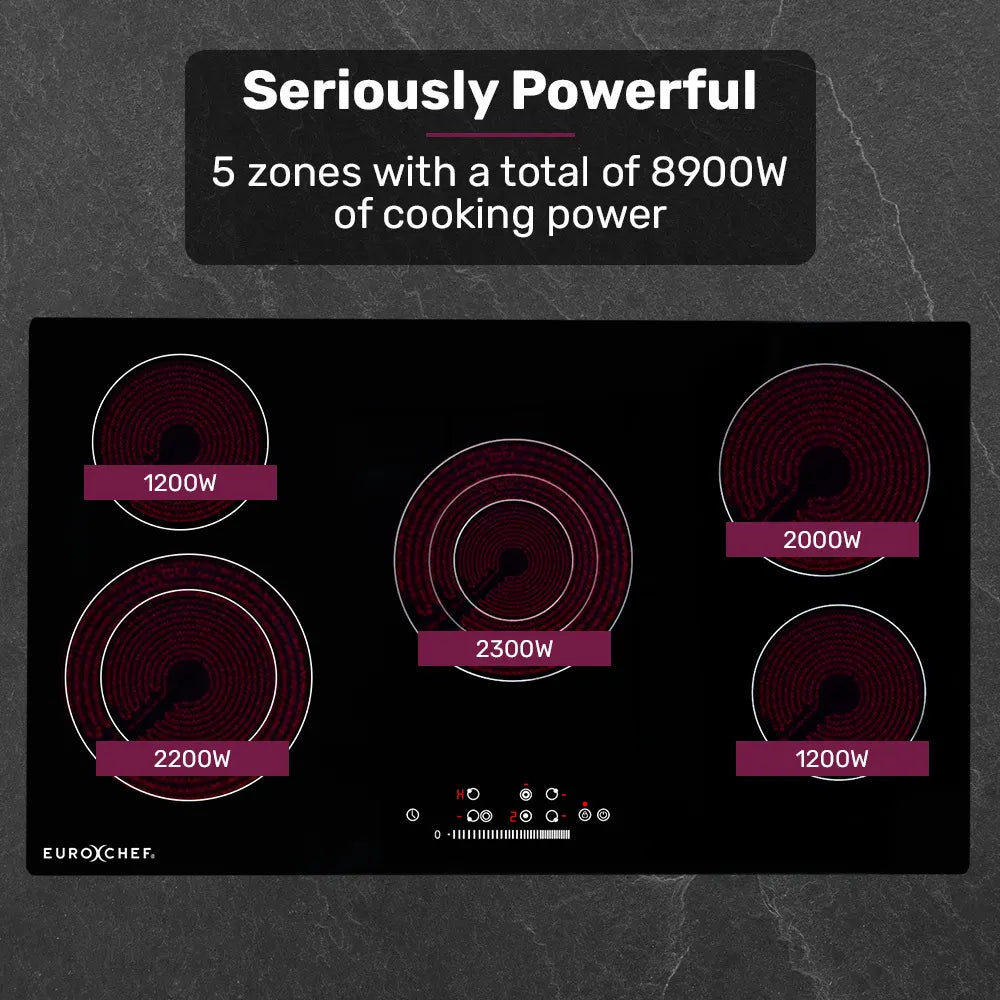 EuroChef 90cm 5 Zone Ceramic Cooktop, 8900W Electric, FlexiZone Adjustable Size Hobs, Touch Controls - Image 4