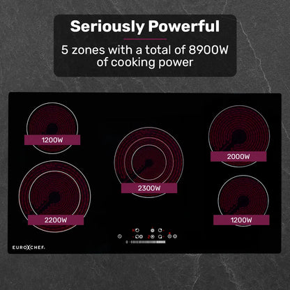 EuroChef 90cm 5 Zone Ceramic Cooktop, 8900W Electric, FlexiZone Adjustable Size Hobs, Touch Controls - Image 4