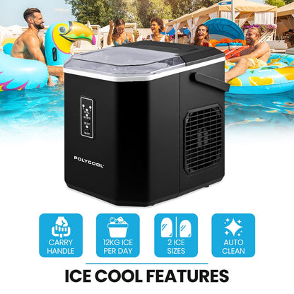 POLYCOOL Portable Ice Maker Machine, Automatic, 12kg/day,  Auto Clean, with Scoop and Removable Basket, Black - Image 2