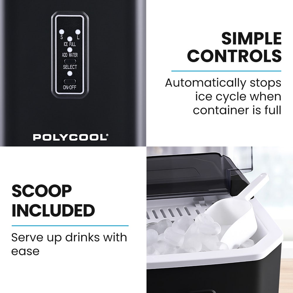 POLYCOOL Portable Ice Maker Machine, Automatic, 12kg/day,  Auto Clean, with Scoop and Removable Basket, Black - Image 6