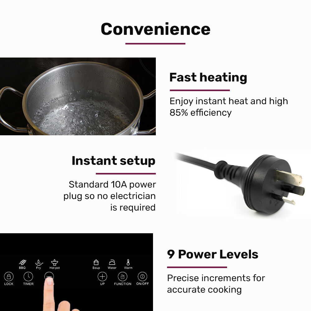 EUROCHEF Induction Benchtop Cooktop, 2000W, 9 Heat Levels, Fast Electric Portable Cooker, Touch Controls - Image 7