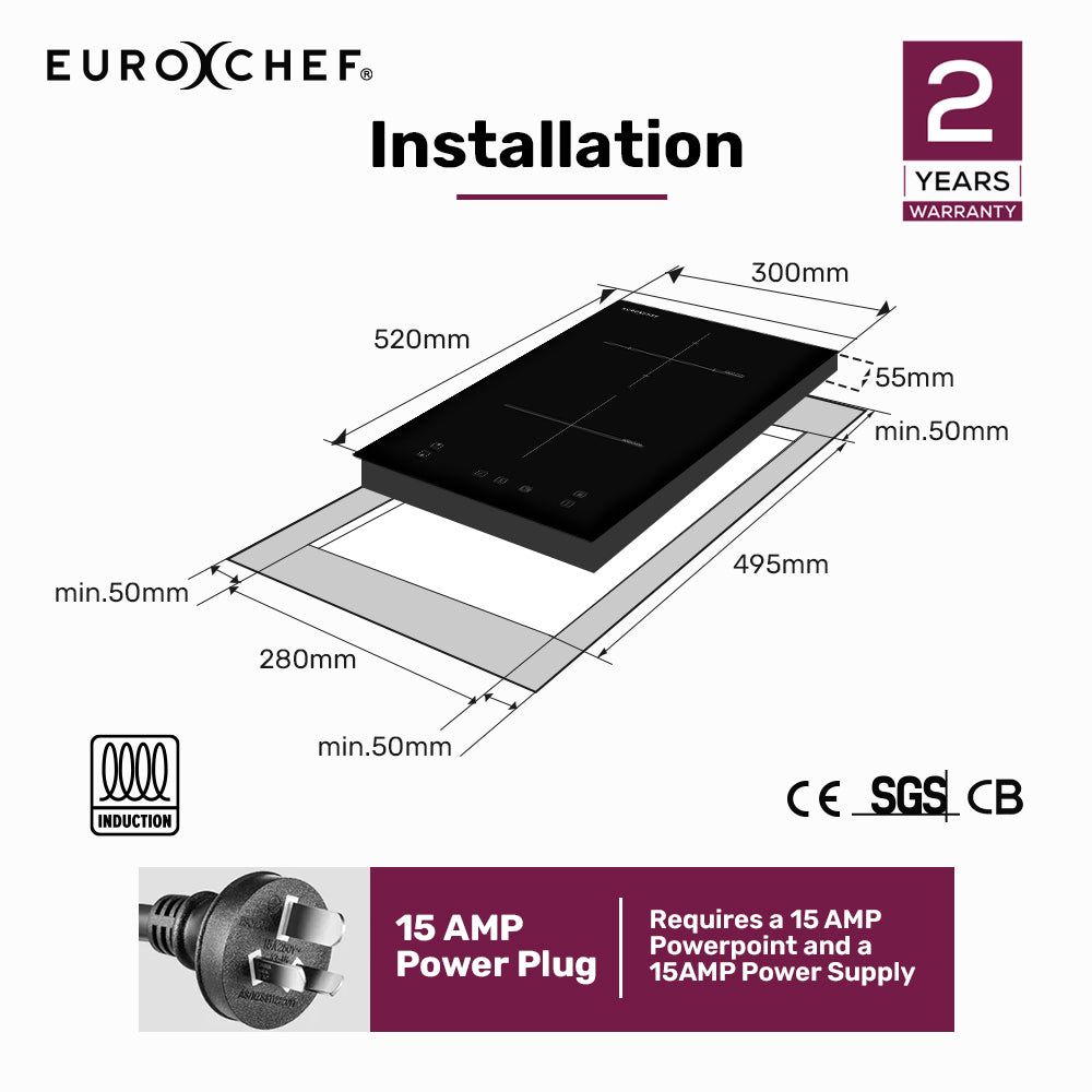 EuroChef 30cm 2 Zone Induction Cooktop, 3300W Electric, Touch Controls - Image 2