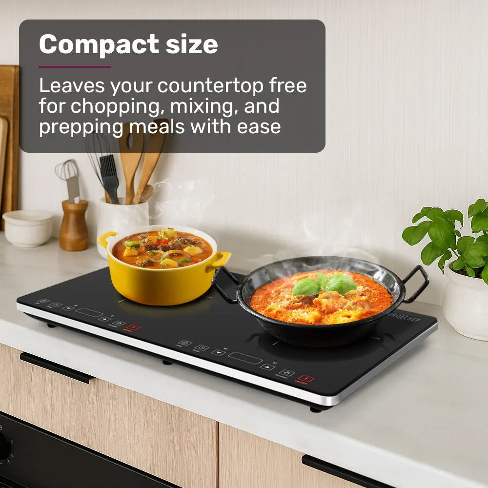 EUROCHEF Double Induction Benchtop Cooktop, 9 Heat Levels, Fast Electric Portable Cooker, Touch Controls, Standard 10A Power Plug - Image 4