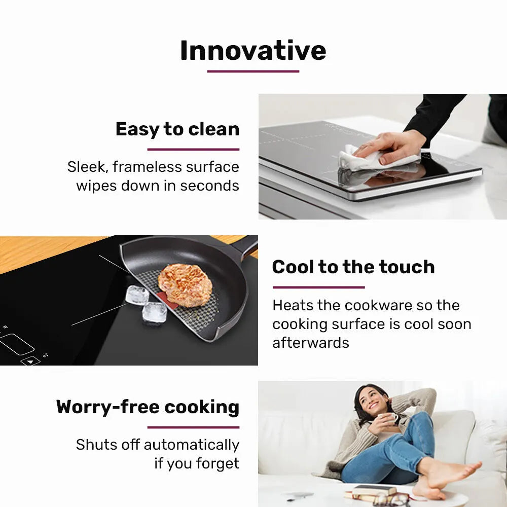 EUROCHEF Double Induction Benchtop Cooktop, 9 Heat Levels, Fast Electric Portable Cooker, Touch Controls, Standard 10A Power Plug - Image 6