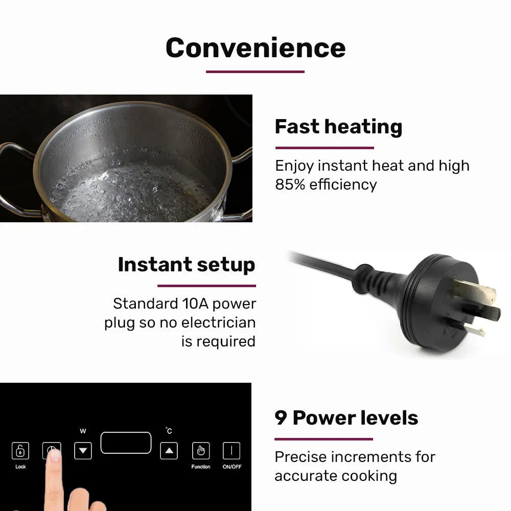 EUROCHEF Double Induction Benchtop Cooktop, 9 Heat Levels, Fast Electric Portable Cooker, Touch Controls, Standard 10A Power Plug - Image 7