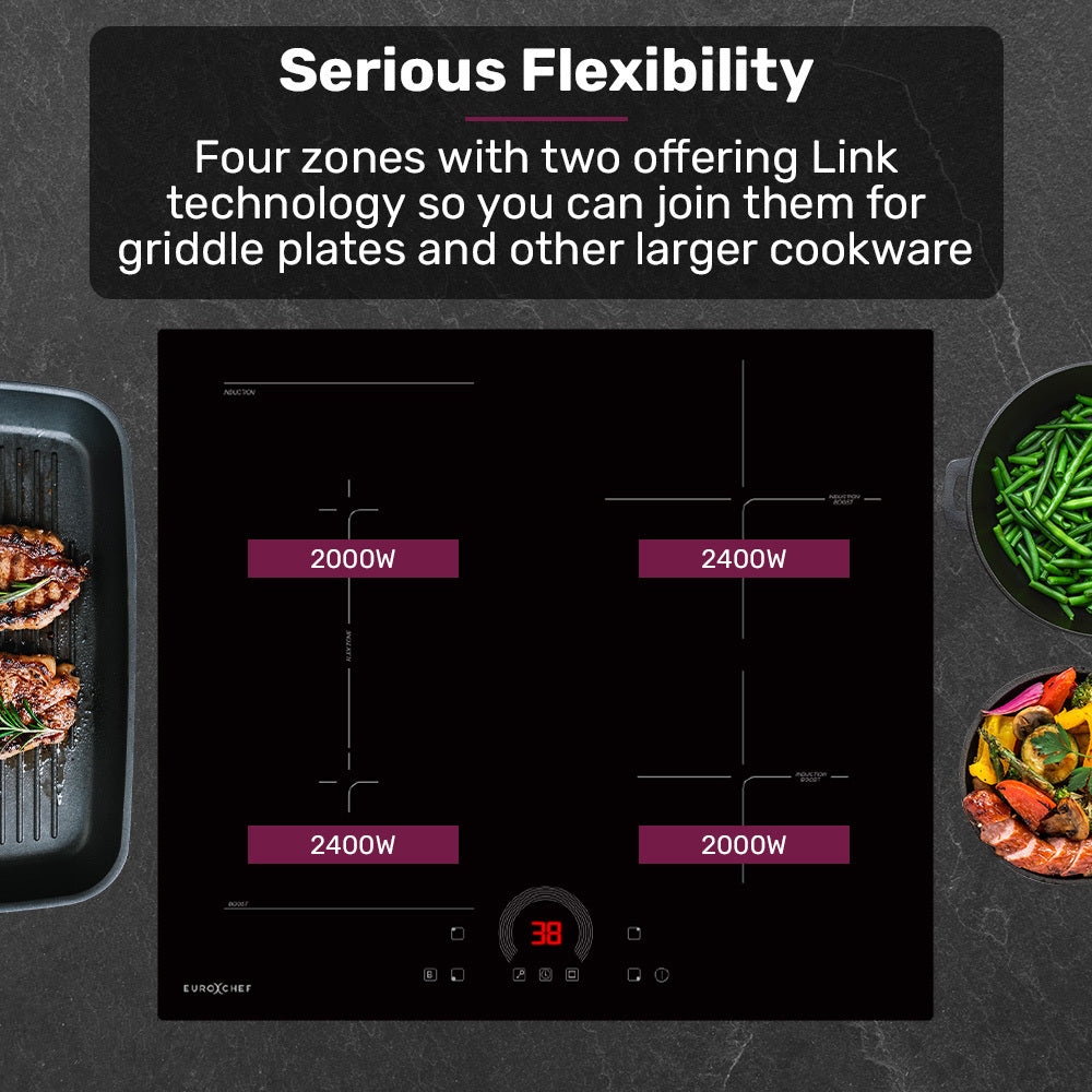 EUROCHEF 60cm 4 Zone Induction Cooktop, 7200W Electric, FlexZone Function, Touch Controls - Image 3