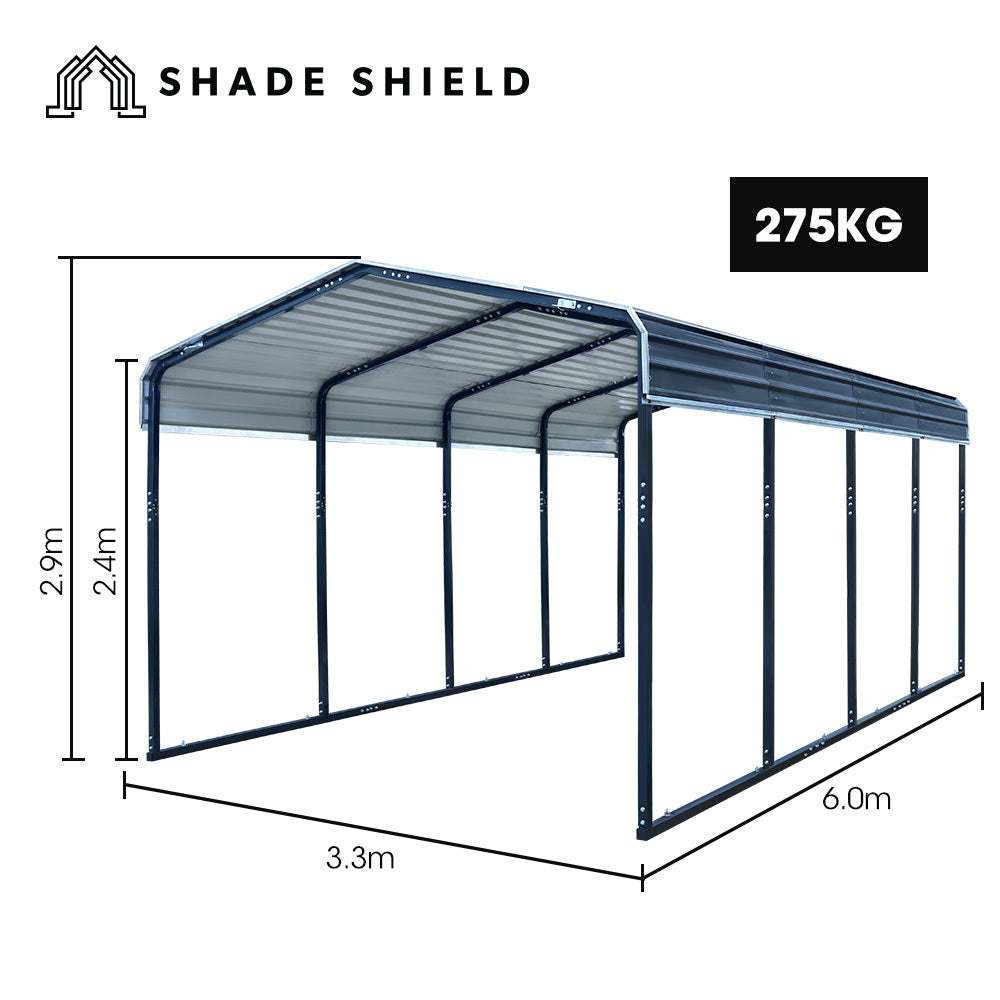SHADE SHIELD Single Carport Shed 3.3 x 6 x 2.9m, Galvanised Steel Frame, Powder Coated Gable Roof, Shelter for Car Caravan Boat Tractor Agricultural - Image 2