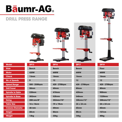 Baumr-AG 600W 12" Pedestal Bench Drill Press, 12 Speeds, 16mm Chuck (DP17) - Image 2