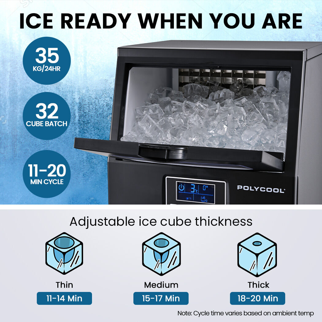 POLYCOOL Commercial Ice Maker Machine, up to 35kg/24hr, Timer & Self Cleaning Programs - Image 2