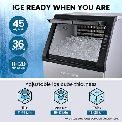 POLYCOOL Commercial Ice Maker Machine, up to 45kg/24hr, Timer & Self Cleaning Programs - Image 4
