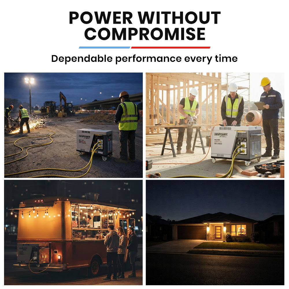 GENPOWER 6.5kW Peak 5kW Rated Diesel Inverter Commercial Generator, Electric Key Start, 2 x 15A, RCD Safety Switch, Wheels, Worksite, Home Backup - Image 6