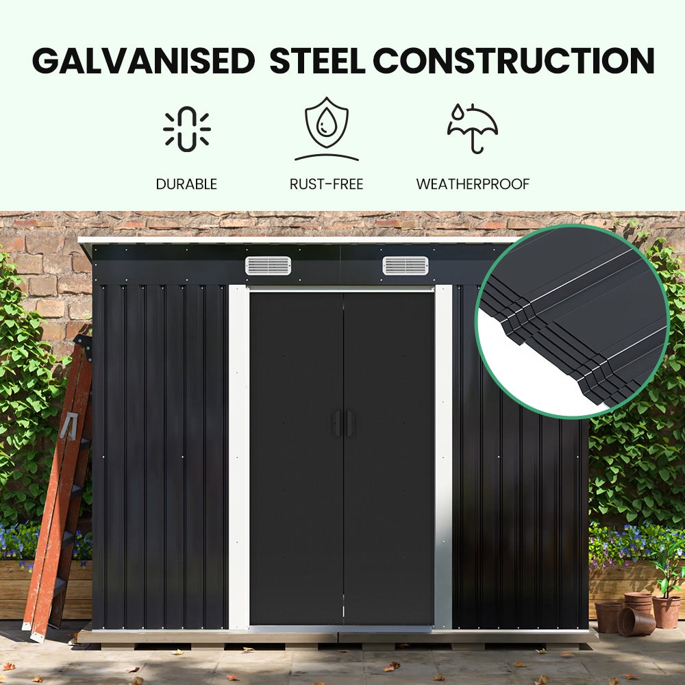 PlantCraft Galvanised Steel Garden Shed 2.38 x 1.31 x 1.82m, with 2 Sliding Doors, 2 Air Vents, Skillion Roof, Floor Frame - Image 2