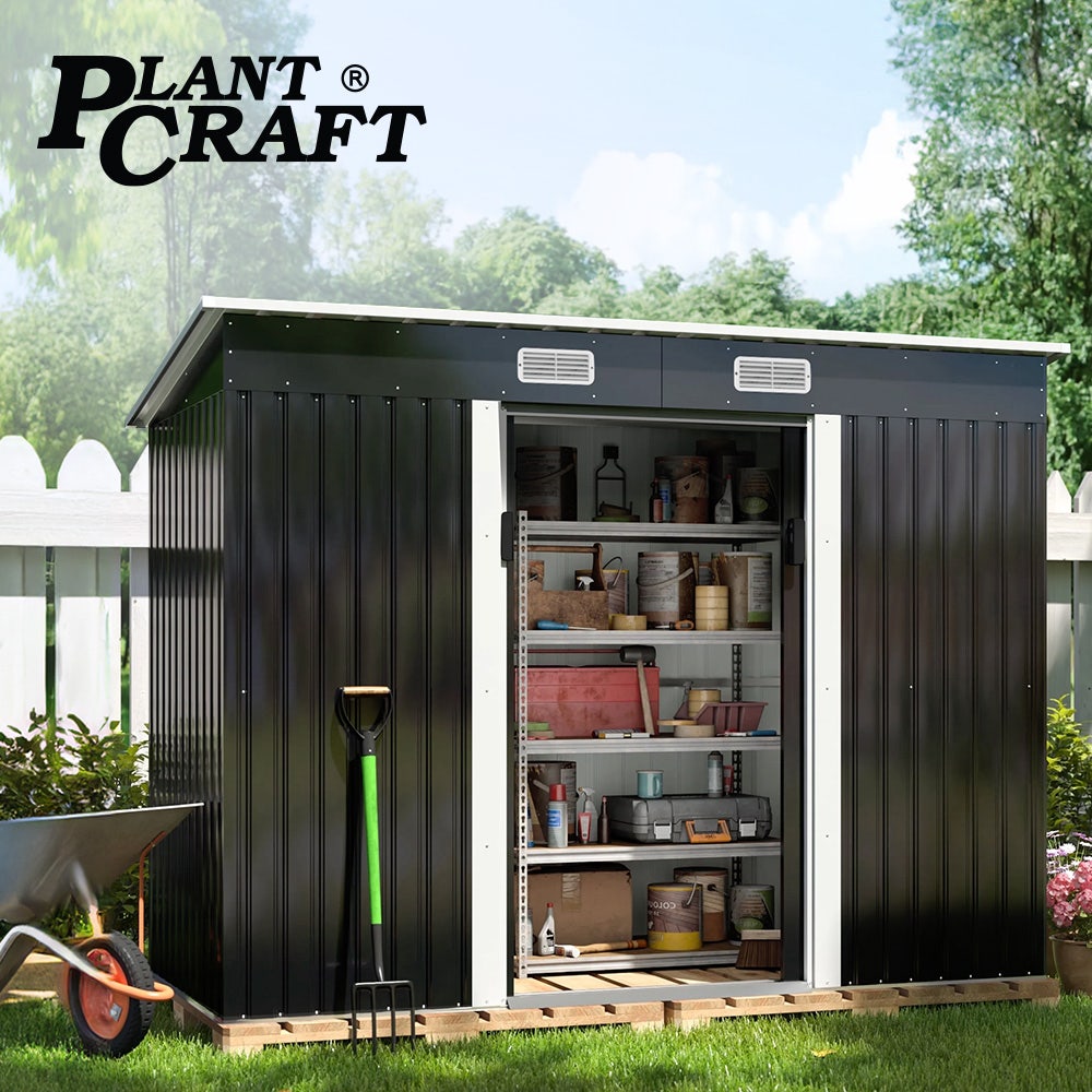PlantCraft Galvanised Steel Garden Shed 2.38 x 1.31 x 1.82m, with 2 Sliding Doors, 2 Air Vents, Skillion Roof, Floor Frame - Image 9