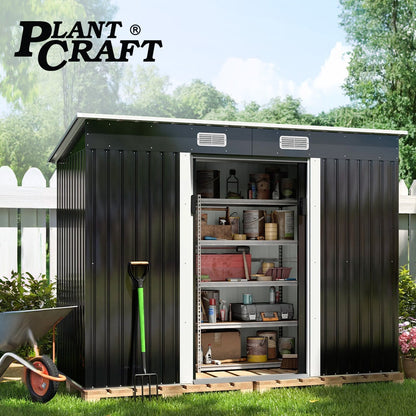 PlantCraft Galvanised Steel Garden Shed 2.38 x 1.31 x 1.82m, with 2 Sliding Doors, 2 Air Vents, Skillion Roof, Floor Frame - Image 9