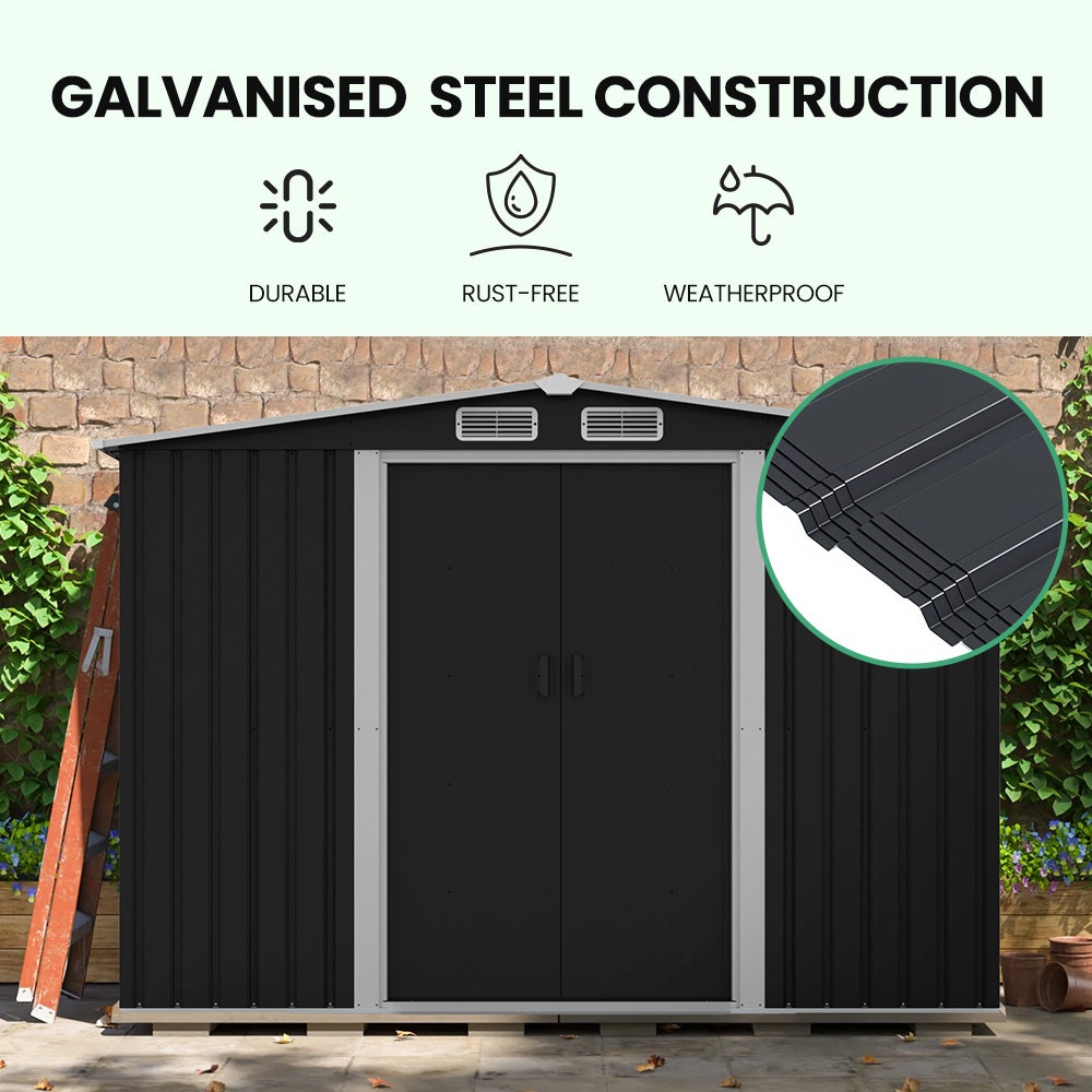 PLANTCRAFT Galvanised Steel Garden Shed 2.58 x 2.07 x 2.02m, with 2 Sliding Doors, 4 Air Vents, Gable Roof, Floor Frame, Black - Image 2
