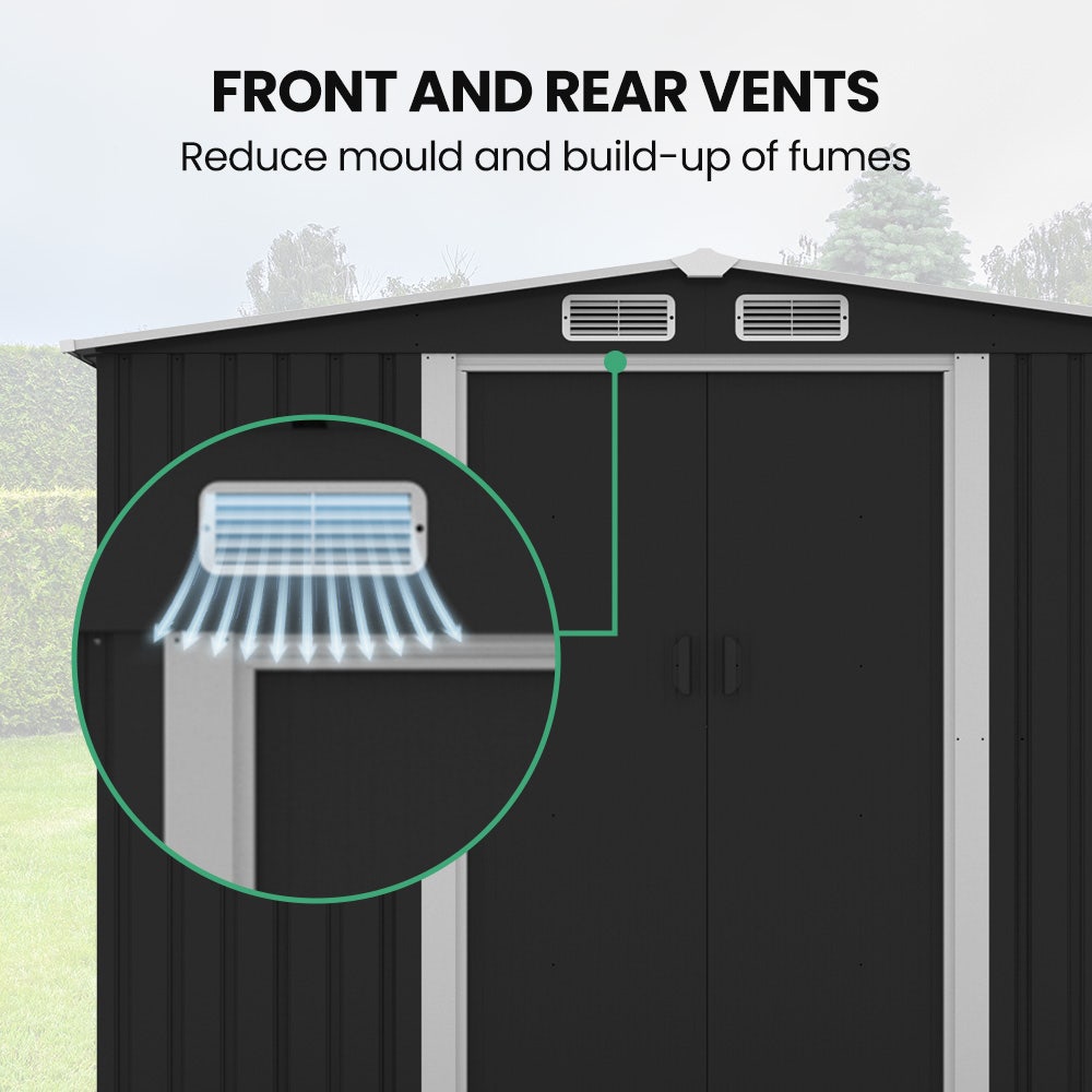PLANTCRAFT Galvanised Steel Garden Shed 2.58 x 2.07 x 2.02m, with 2 Sliding Doors, 4 Air Vents, Gable Roof, Floor Frame, Black - Image 4