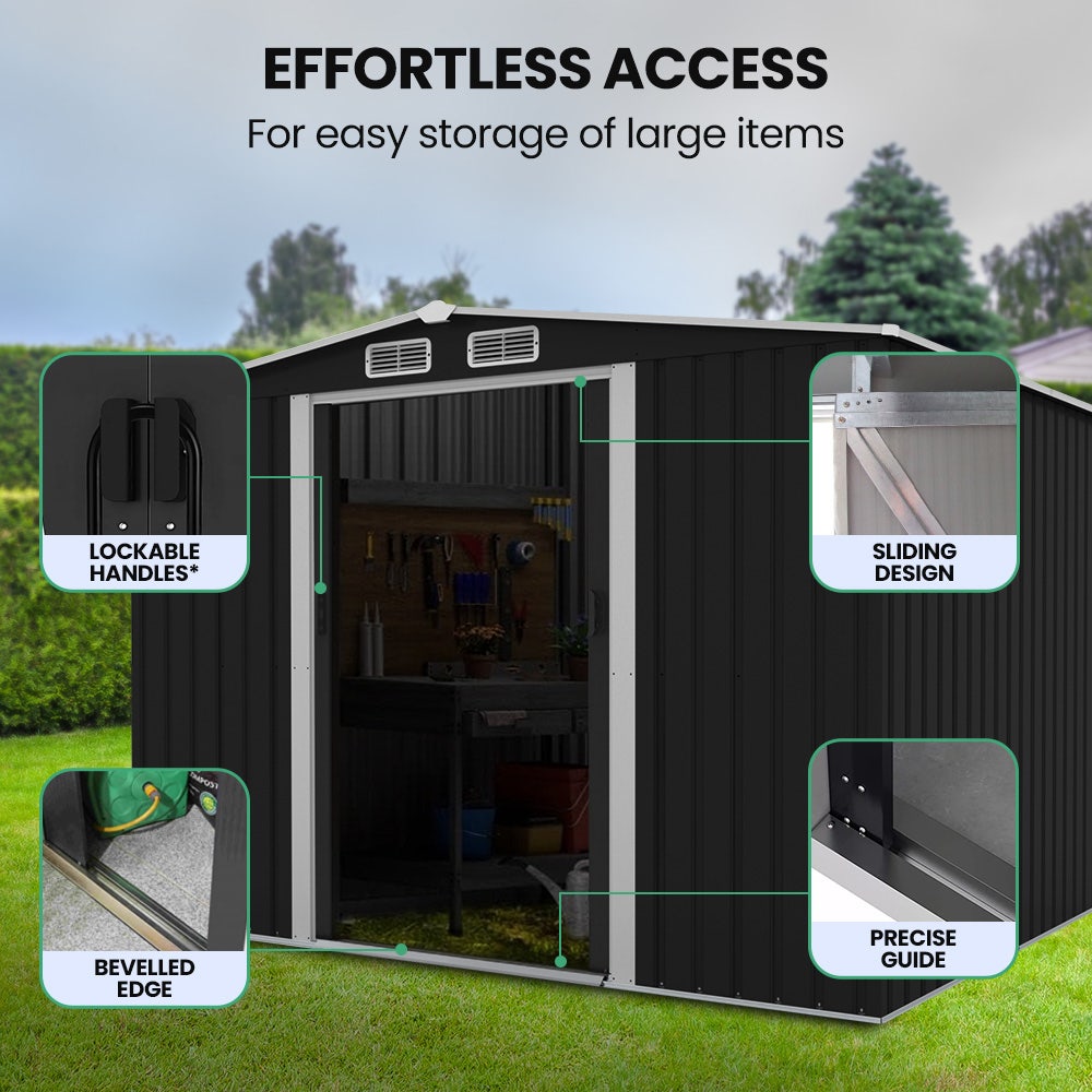 PLANTCRAFT Galvanised Steel Garden Shed 2.58 x 2.07 x 2.02m, with 2 Sliding Doors, 4 Air Vents, Gable Roof, Floor Frame, Black - Image 5
