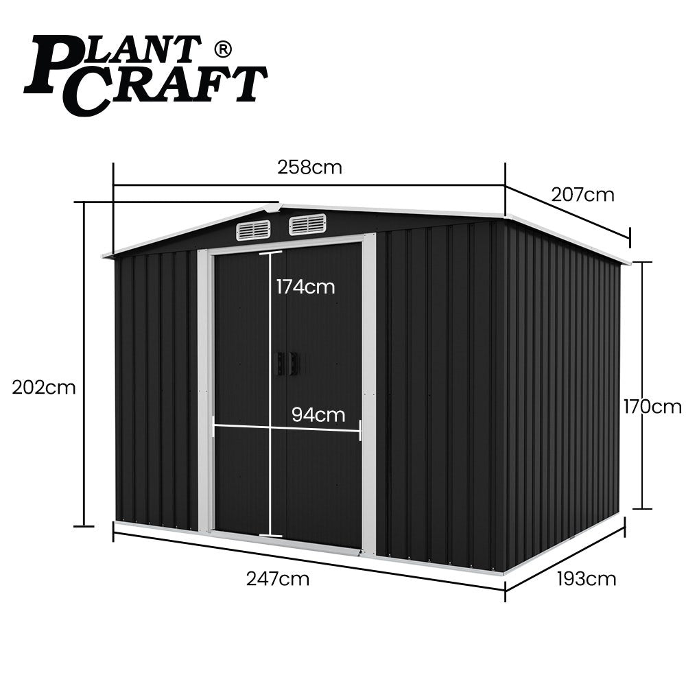 PLANTCRAFT Galvanised Steel Garden Shed 2.58 x 2.07 x 2.02m, with 2 Sliding Doors, 4 Air Vents, Gable Roof, Floor Frame, Black - Image 9