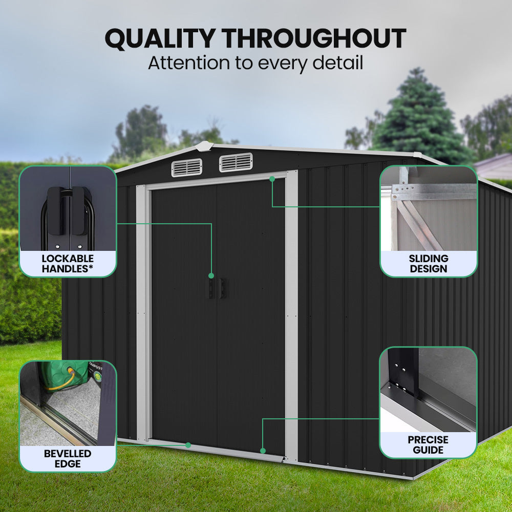 PlantCraft Galvanised Steel Garden Shed 2.58 x 3.13 x 2.02m, with 2 Sliding Doors, 4 Air Vents, Gable Roof, Floor Frame - Image 6