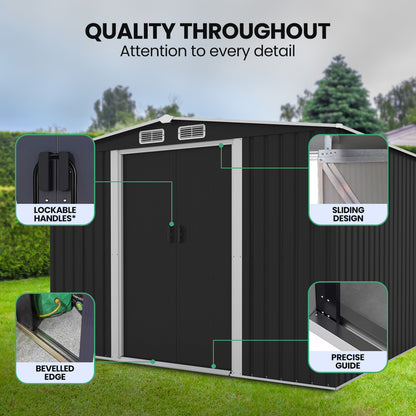 PlantCraft Galvanised Steel Garden Shed 2.58 x 3.13 x 2.02m, with 2 Sliding Doors, 4 Air Vents, Gable Roof, Floor Frame - Image 6