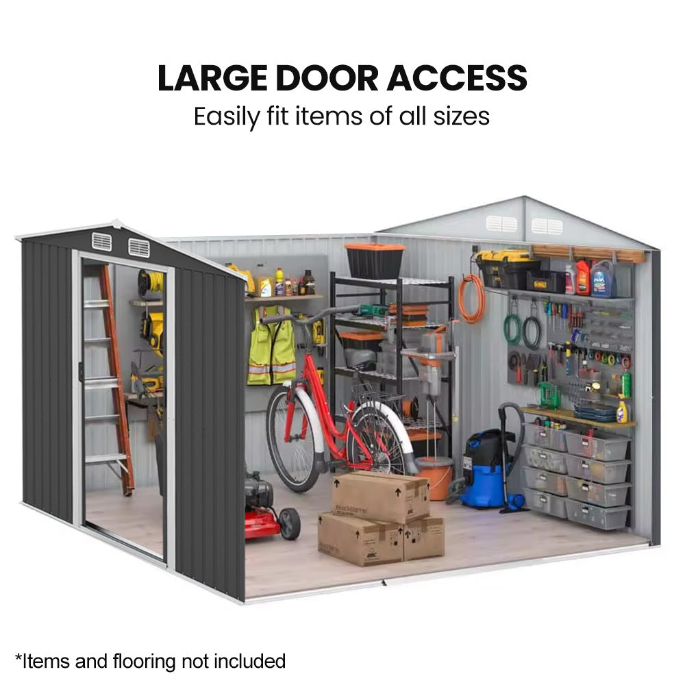 PlantCraft Galvanised Steel Garden Shed 2.58 x 3.13 x 2.02m, with 2 Sliding Doors, 4 Air Vents, Gable Roof, Floor Frame - Image 9
