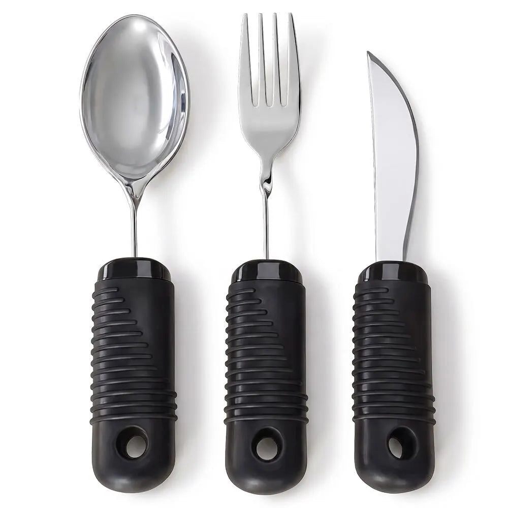 EQUIPMED Adaptive Non-slip Grip Cutlery Set, Bendable Fork and Spoon, Curved Easy Cut Knife, Large Ergonomic Handles, Arthritis & Limited Dexterity Eating Aid