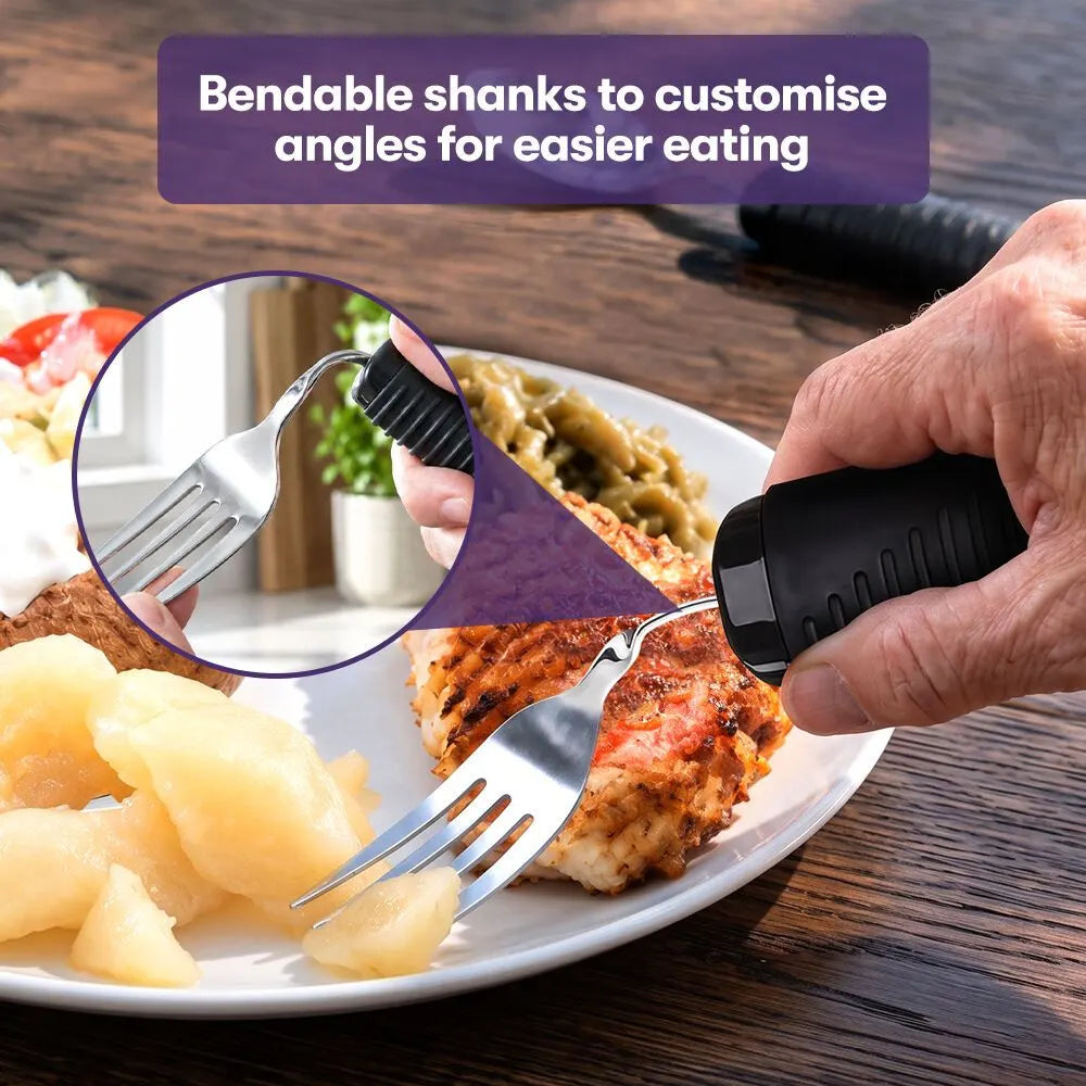 EQUIPMED Adaptive Non-slip Grip Cutlery Set, Bendable Fork and Spoon, Curved Easy Cut Knife, Large Ergonomic Handles, Arthritis & Limited Dexterity Eating Aid - Image 4