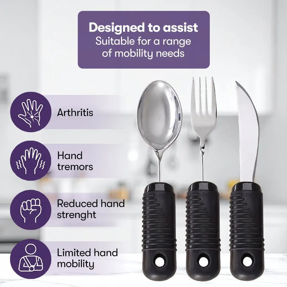 EQUIPMED Adaptive Non-slip Grip Cutlery Set, Bendable Fork and Spoon, Curved Easy Cut Knife, Large Ergonomic Handles, Arthritis & Limited Dexterity Eating Aid - Image 5