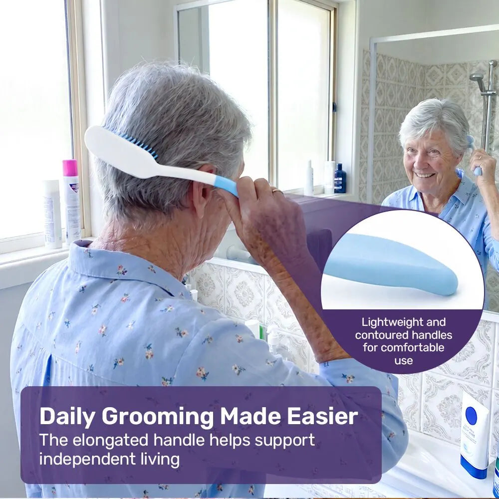 EQUIPMED Long Handle Hair Brush & Comb Set, Easy to Use Ergonomic Detangling Padded Hairbrush, Grooming Aid for Elderly and Limited Mobility - Image 2