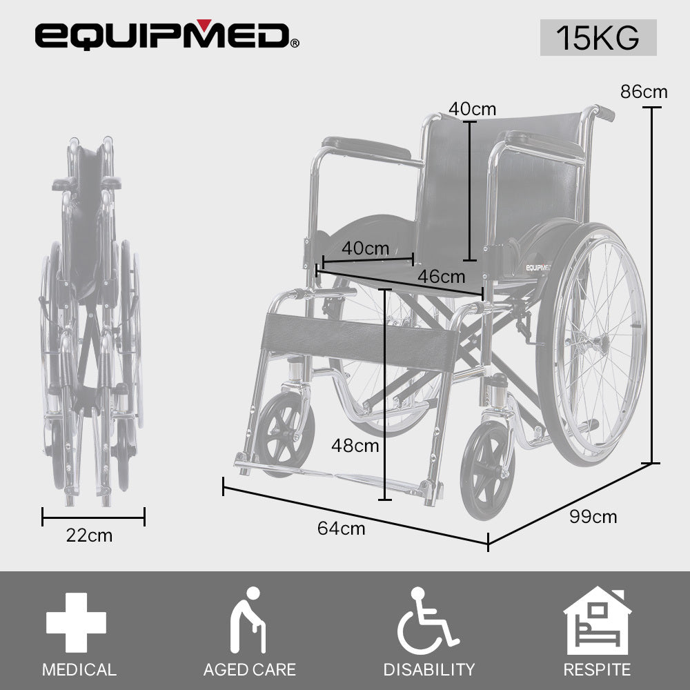 Equipmed Folding Manual Wheelchair Self Propelled, 24" Rear Wheels, Chrome Steel Frame, 46cm Wide Seat, 100kg Capacity, Park Brakes - Image 2
