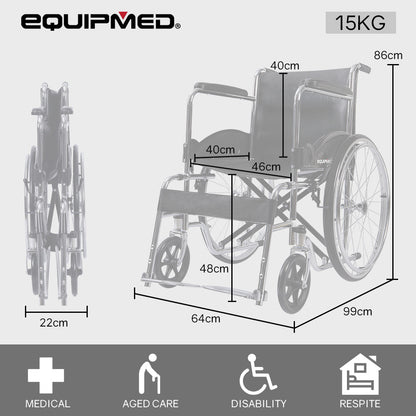 Equipmed Folding Manual Wheelchair Self Propelled, 24" Rear Wheels, Chrome Steel Frame, 46cm Wide Seat, 100kg Capacity, Park Brakes - Image 2