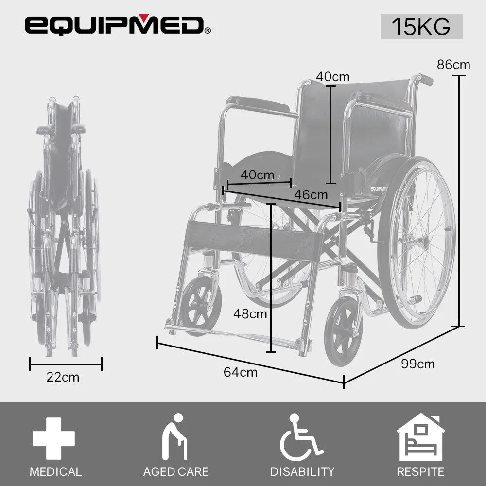 Equipmed Folding Manual Wheelchair Self Propelled, 24" Rear Wheels, Chrome Steel Frame, 46cm Wide Seat, 100kg Capacity, Park Brakes - Image 2