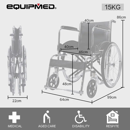 Equipmed Folding Manual Wheelchair Self Propelled, 24" Rear Wheels, Chrome Steel Frame, 46cm Wide Seat, 100kg Capacity, Park Brakes - Image 2