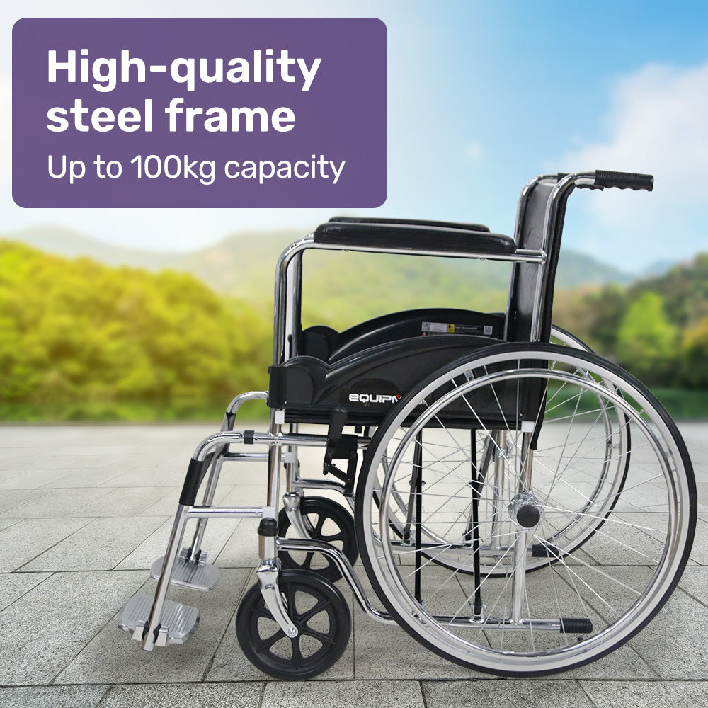 Equipmed Folding Manual Wheelchair Self Propelled, 24" Rear Wheels, Chrome Steel Frame, 46cm Wide Seat, 100kg Capacity, Park Brakes - Image 3