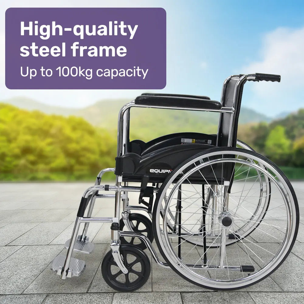 Equipmed Folding Manual Wheelchair Self Propelled, 24" Rear Wheels, Chrome Steel Frame, 46cm Wide Seat, 100kg Capacity, Park Brakes - Image 3