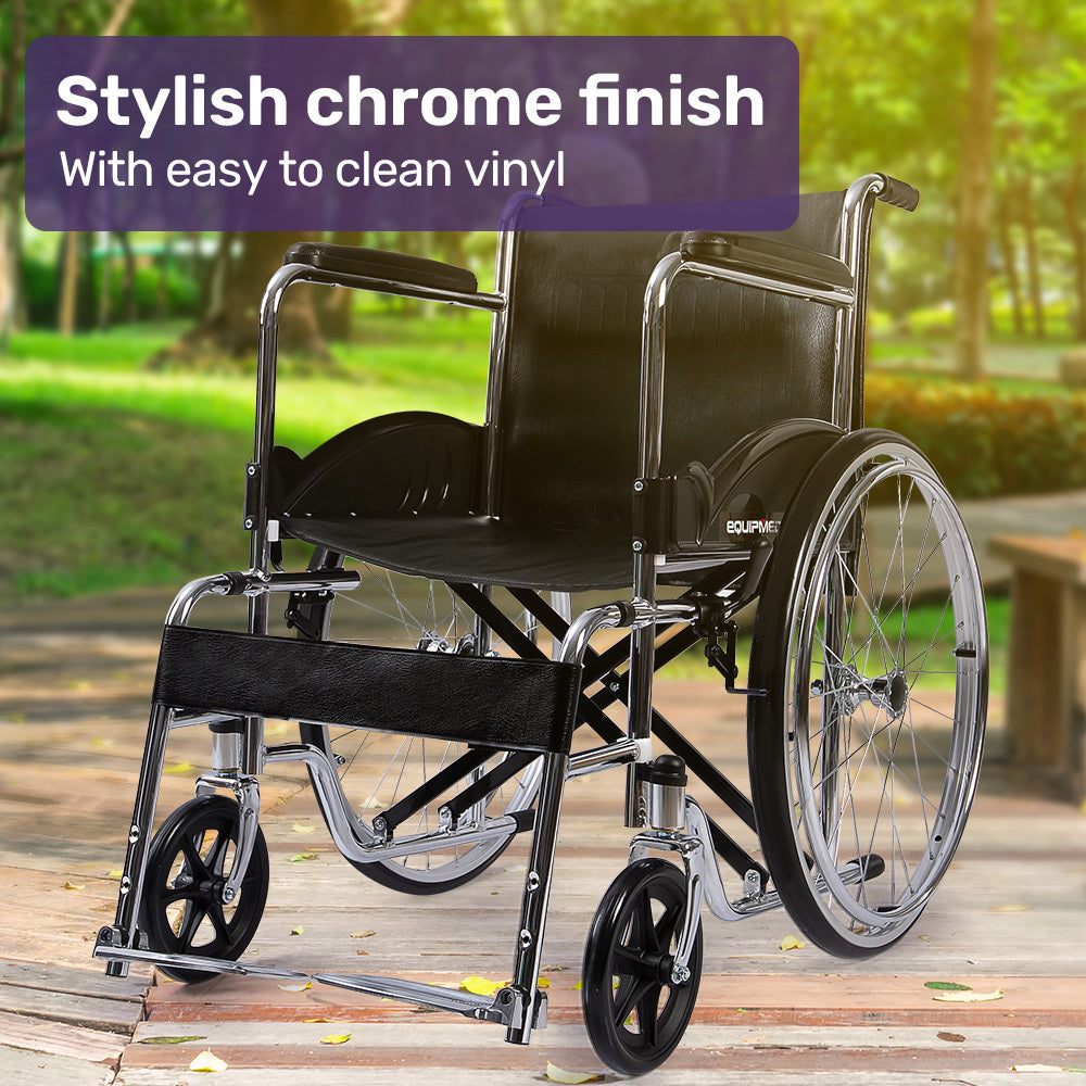 Equipmed Folding Manual Wheelchair Self Propelled, 24" Rear Wheels, Chrome Steel Frame, 46cm Wide Seat, 100kg Capacity, Park Brakes - Image 5