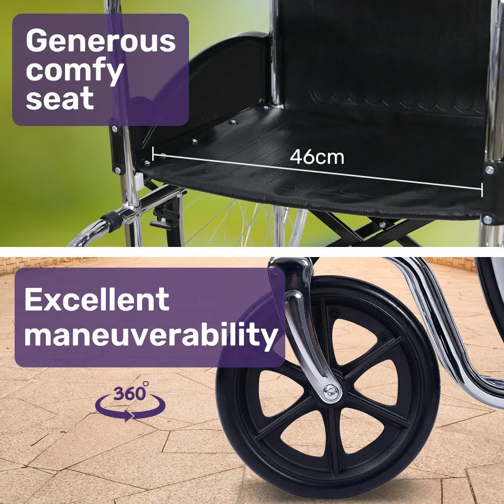 Equipmed Folding Manual Wheelchair Self Propelled, 24" Rear Wheels, Chrome Steel Frame, 46cm Wide Seat, 100kg Capacity, Park Brakes - Image 7