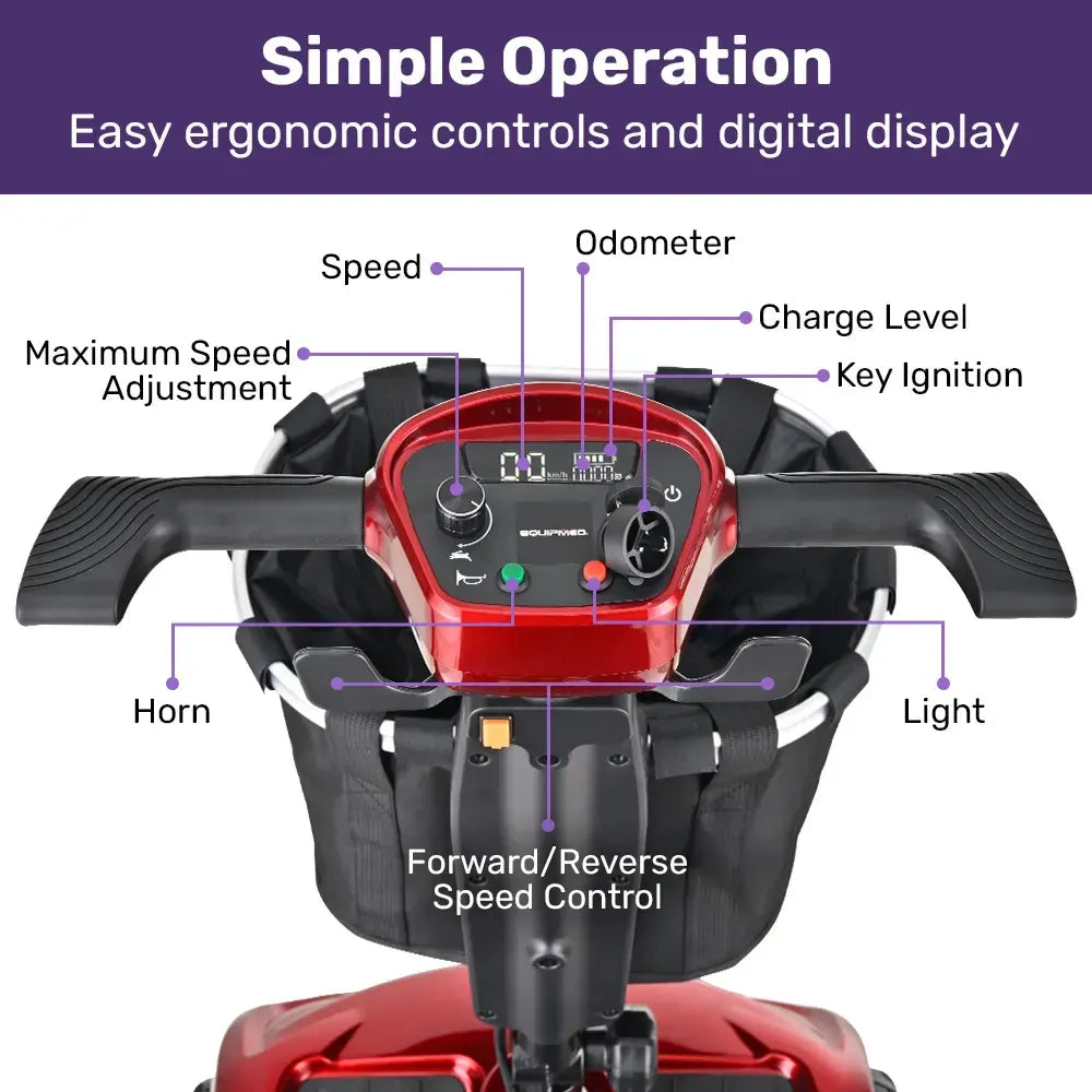 EQUIPMED ComfortCruise Large Mobility Scooter, 15km/h Top Speed, Up to 45km Range, Strong Climbing, 120kg Capacity, Red - Image 5