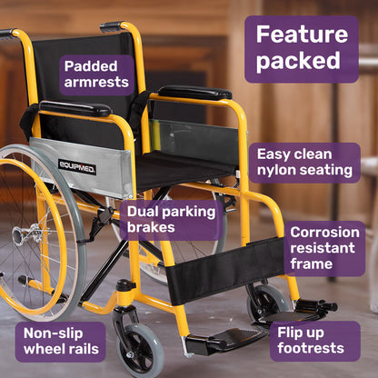 EQUIPMED Kids Paediatric Wheelchair, 100kg Rated, 110-140cm Rider Height, Quick Folding, Adjustable Footrests, 22" Wheels, Yellow - Image 2