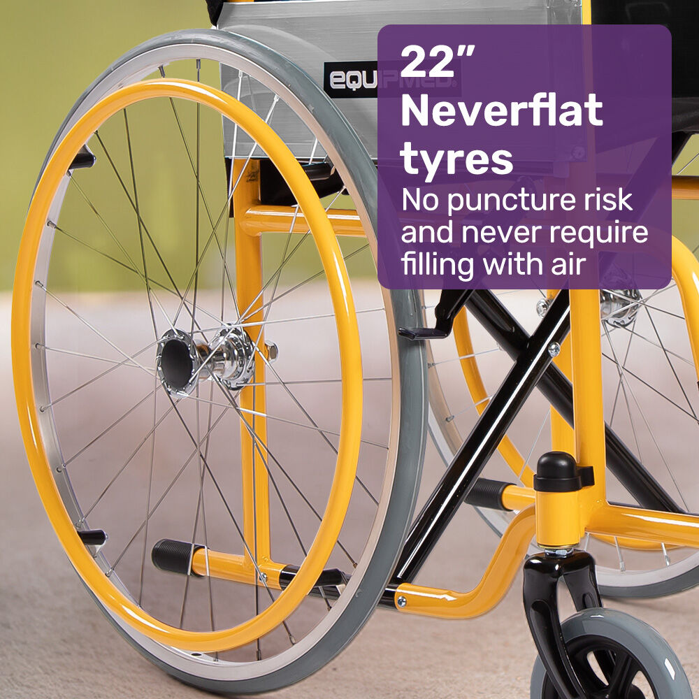 EQUIPMED Kids Paediatric Wheelchair, 100kg Rated, 110-140cm Rider Height, Quick Folding, Adjustable Footrests, 22" Wheels, Yellow - Image 7