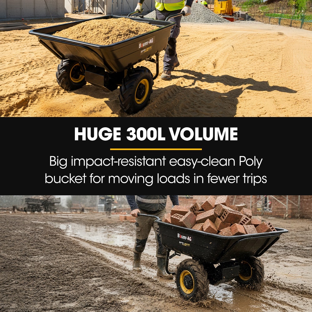 BAUMR-AG 40V Li-ion Powered 300KG / 300L Wheelbarrow, ATV Tow Bar, Deep V-tread Tyre, 2 Wheel Direct Drive - Image 5