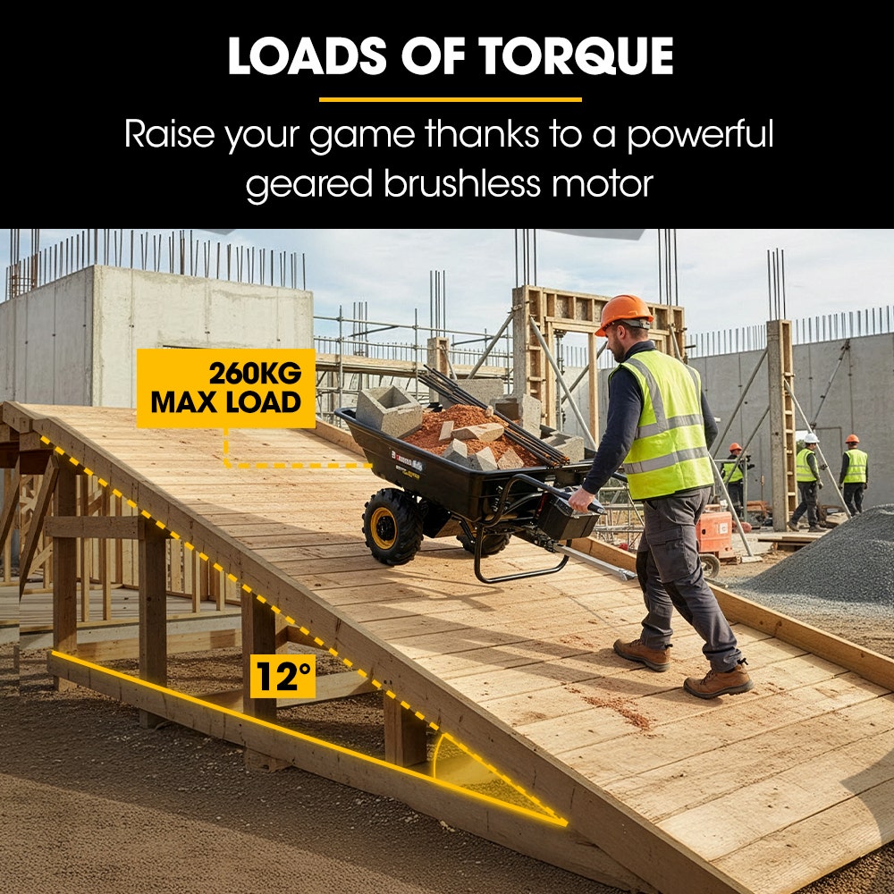 BAUMR-AG 40V Li-ion Powered 300KG / 300L Wheelbarrow, ATV Tow Bar, Deep V-tread Tyre, 2 Wheel Direct Drive - Image 6