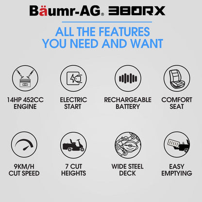 BAUMR-AG 38" Ride On Mower Tractor, Electric Start, 14hp 452cc, Hydrostatic, 100kg Towing, 7 Cut Heights - Image 3