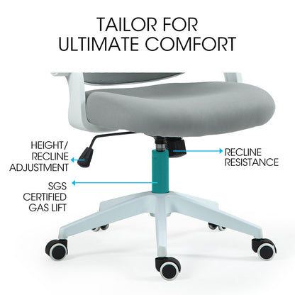 Fortia Ergonomic Office Desk Chair, Coolmesh Fabric, Adjustable Recline, Grey Mesh/White Frame - Image 9