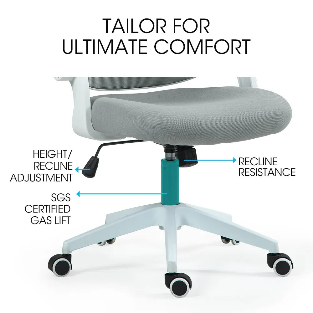 Fortia Ergonomic Office Desk Chair, Coolmesh Fabric, Adjustable Recline, Grey Mesh/White Frame - Image 9