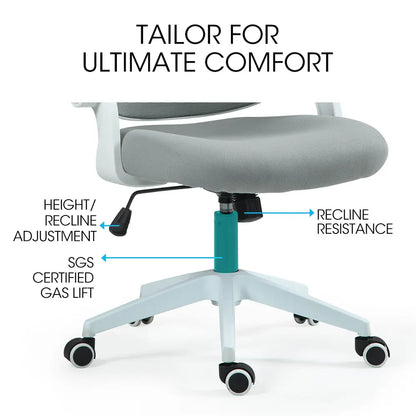 Fortia Ergonomic Office Desk Chair, Coolmesh Fabric, Adjustable Recline, Grey Mesh/White Frame - Image 9