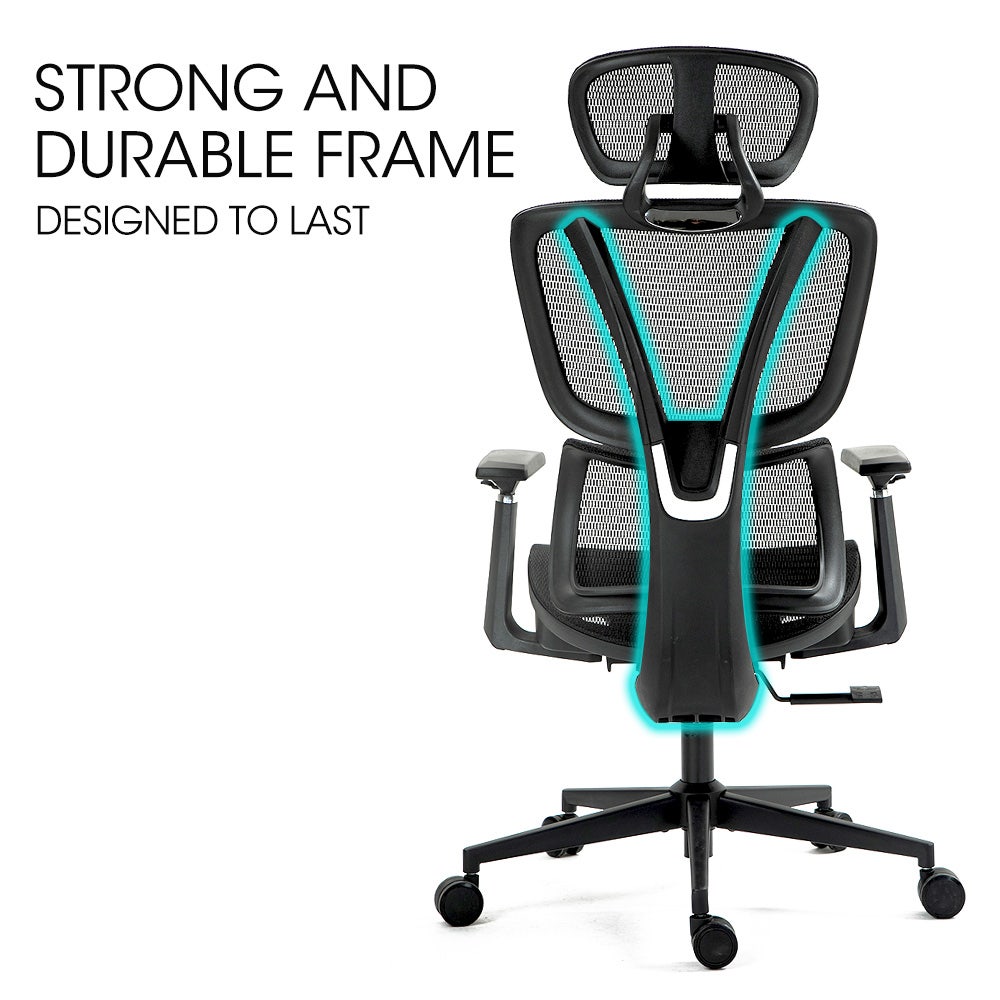 Fortia Ergonomic Office Desk Chair, Coolmesh Fabric, Adjustable Lumbar Support, Headrest, Armrest and Recline, Black Mesh/Black Frame - Image 6