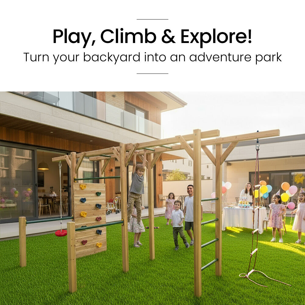 ROVO KIDS Ultimate Outdoor Monkey Bars Playset Frame, with Climbing Wall, Disc Swing, Rope Ladder - Image 2