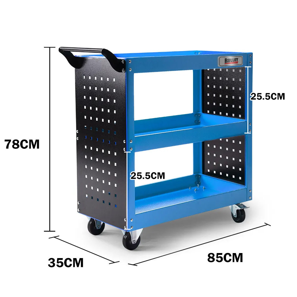 Bullet 3-Tier Steel Tool Trolley Cart, for Workshop, Mechanic, with Pegboard, Screwdriver Bay, Blue - Image 2